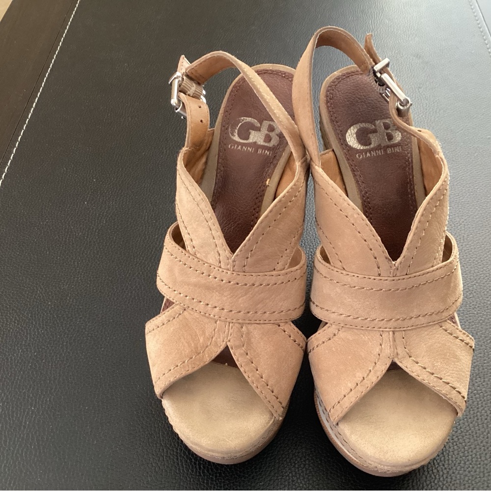 Gianni Bini Beige/Tan Suede Crisscross Slingback Wedges